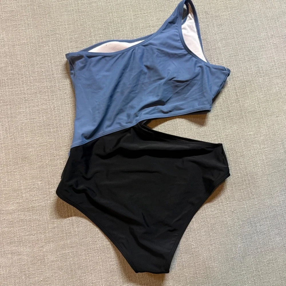One Shoulder Cut Out One‎ Piece Swimsuit Size Large Blue Black Monokini Swimwear
